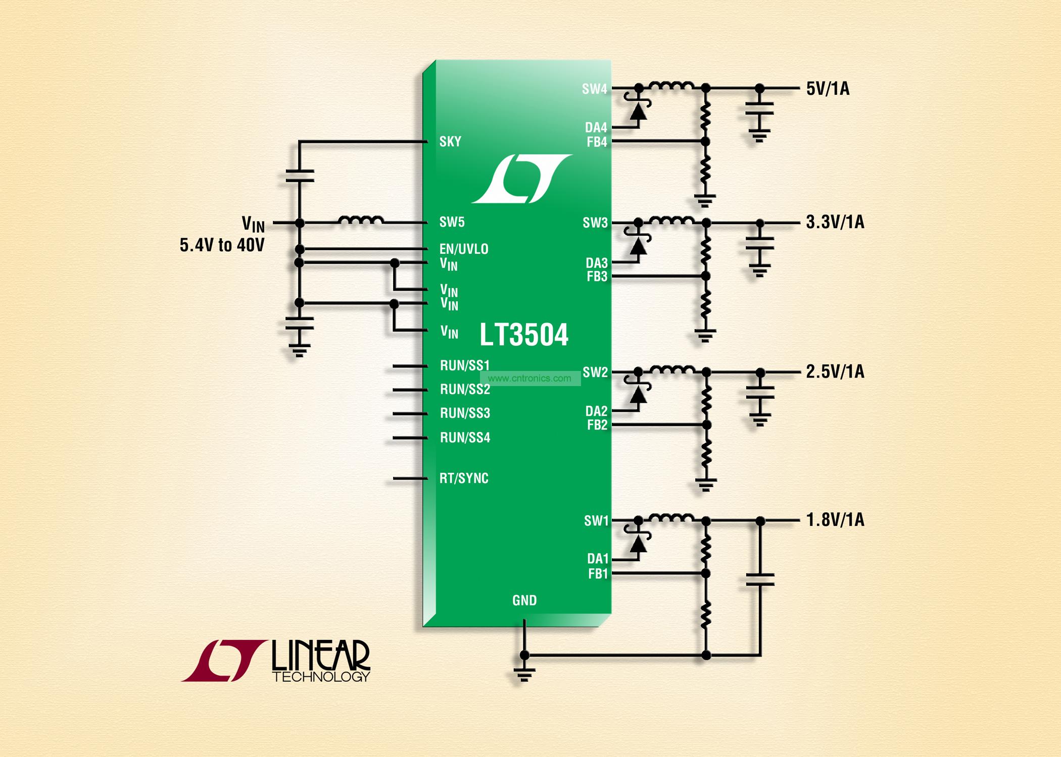 40V、4 通道 1A (IOUT)、2.2MHz 降壓型 DC/DC 轉換器