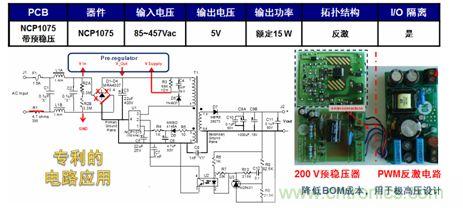 基于NCP1075開關(guān)穩(wěn)壓器和200 V預(yù)穩(wěn)壓器的極寬電壓范圍15 W參考設(shè)計。
