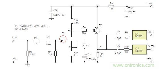所示電路采用兩個工作在不同頻率下的555定時器,以獲取不同的音