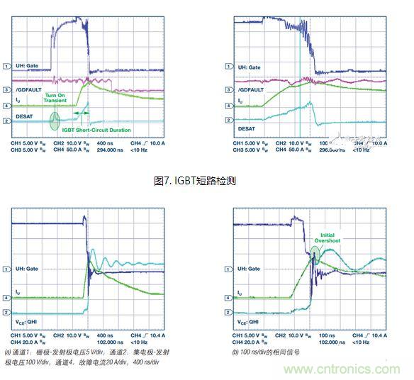 過流關(guān)斷時(shí)序延遲（通道1：柵極-發(fā)射極電壓10 V/div；通道2：來自 控制器的PWM信號(hào)5 V/div；通道3：低電平有效跳變信號(hào)5 V/div；100 ns/div）