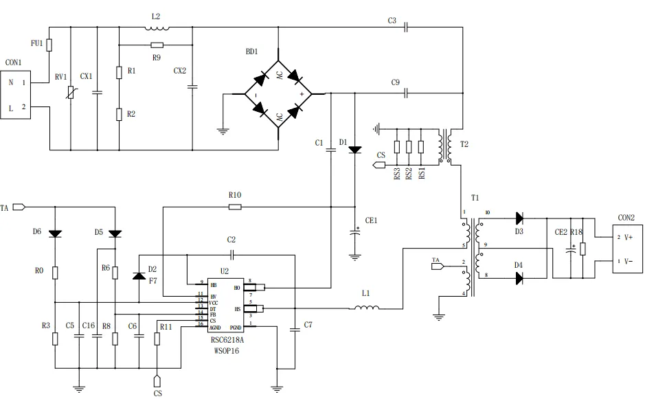 一、LED驅(qū)動模塊RSC6218A REASUNOS(瑞森半導(dǎo)體)通過持續(xù)投入研發(fā)，提升LLC應(yīng)用技術(shù)，集成控制芯片與功率轉(zhuǎn)換，成功推出新一代產(chǎn)品RSC6218A WSOP-16，延續(xù)瑞森LLC拓?fù)浞桨福瑫r機(jī)趨勢完全迎合我國雙碳政策，電氣特性契合新版國標(biāo)GB/T 17625.1-2022和歐盟新版ERP認(rèn)證EU2019/2020雙重法規(guī)，專為中小功率的產(chǎn)品提供優(yōu)秀的方案；接下來會分幾個篇章持續(xù)介紹新方案產(chǎn)品的應(yīng)用資料和設(shè)計實例分享：  RSC6218A功率模塊內(nèi)部集成CS-CP-LLC電源半橋模塊和功率轉(zhuǎn)換模塊，延續(xù)瑞森主題設(shè)計方向單級實現(xiàn)高PF無頻閃技術(shù)和LLC諧振軟開關(guān)技術(shù)方案：該型號適用于5-18W功率段；具備高轉(zhuǎn)換效率(90%+)，高PF(>0.96)，低THD(<10%)，小型化(縮小PCB面積10-25%)，通過優(yōu)化產(chǎn)品內(nèi)部設(shè)計提升產(chǎn)品內(nèi)部功率器件的開啟與關(guān)閉性能，避免干擾發(fā)生，最高工作頻率達(dá)200KHZ，實現(xiàn)WSOP-16封裝兼顧散熱與小型化；并且內(nèi)部可自動設(shè)置死區(qū)時間，讓方案可靠易設(shè)計。 產(chǎn)品可廣泛應(yīng)用于： 1.護(hù)眼系列燈具：如教室燈、辦公燈、護(hù)眼臺燈、壁燈、閱覽室燈等； 2.家居類燈具：如客廳燈、臥室燈、兒童房燈、廚房燈、走廊燈等； 3.軌道類燈具：地鐵照明、高鐵照明、隧道照明、車站照明等； 4.商照類燈具：筒燈、射燈、投射燈、 亮化燈、防爆燈等； 方案起到提供高效，穩(wěn)定，長壽命的作用。 二、產(chǎn)品功能框架  三、IC各PIN腳功能說明  PIN1 PGND 功率地，內(nèi)部是連接低邊MOS的S端地線； PIN2  NC  PIN3  HS 半橋MOS低邊漏極PIN； PIN4  HS 半橋MOS低邊漏極PIN； PIN5  HS 半橋MOS高邊源極PIN； PIN6  HS 半橋MOS高邊源極PIN； PIN7  NC  PIN8  HO 半橋MO高邊漏極； PIN9  HO 半橋MOS高邊漏極； PIN10 HB 半橋驅(qū)動高邊電源，通過外置的一個二極管與電容組成自舉回路，為高邊 MOS 的開啟提供電平； PIN11 VIN 高壓啟動的輸入腳，最高耐壓可達(dá)DC600V，啟動電流在1.7mA，一般應(yīng)用是從高壓電解處串接一個1206100K電阻引到PIN1，在整個環(huán)路還未建立起來時，是靠這個引腳的供電通過內(nèi)部連接到PIN6VCC，然后把VCC電容慢慢充電到芯片的啟動電壓后，芯片開始工作。整個環(huán)路建立起來后，VIN腳內(nèi)部關(guān)斷，VCC 通過外部變壓器輔助繞組供電維持正常工作； PIN12  VCC 信號電源引腳， 工作電壓范圍 8-20V，工作電流在 0.8mA，靜態(tài)工作電流是 720uA； PIN13  NC DT懸空腳； PIN14 FB  電壓反饋輸入，VFB中心值是1.2V，該引腳的功能主要是限定空載電壓的最大幅度，該芯片空載保護(hù)屬于打嗝模式，可以有效降低空載損耗，能效要求輕松符合小于0.5W的要求； PIN15  CS 電流采樣正弦波信號輸入該P(yáng)IN腳是通過線路中的互感電感采樣得到全波的正弦波信號， 通過電阻轉(zhuǎn)換為電壓信號后，輸入到CS PIN腳， 內(nèi)部連接到壓控振蕩器，根據(jù)輸入進(jìn)來的電壓幅值大小，以及正弦波的頻率，壓控振蕩器輸出對應(yīng)的方波來控制LG與HG端的MOS開關(guān)頻率，實現(xiàn)恒流調(diào)節(jié)控制； PIN16  AGND 信號地參考電平，主要連接 VCC，F(xiàn)B 對應(yīng) PIN 腳的元件地線。 四、關(guān)鍵PIN腳參數(shù)設(shè)定范圍  五、典型應(yīng)用原理圖  關(guān)注瑞森半導(dǎo)體公眾號，接下來持續(xù)分享具體案例的設(shè)計參考文檔，攜手各伙伴們實現(xiàn)新版國標(biāo)GB/T17625.1-2022的順利達(dá)標(biāo)，為工程師縮短開發(fā)周期，讓工廠端得到滿意的產(chǎn)品，給客戶一個滿意的答卷，得到需要的利潤空間。
